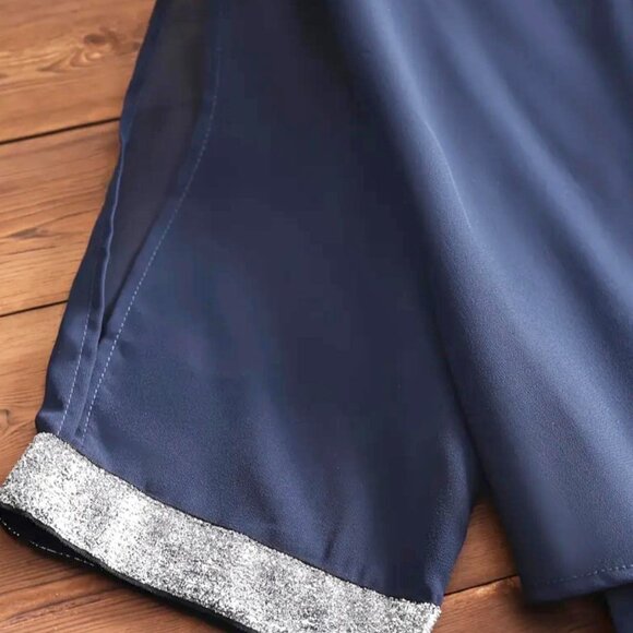 Plus Size Elegant Party Dress, Women's Plus Colorblock Glitter Trim Contrast Mes - Picture 3 of 4